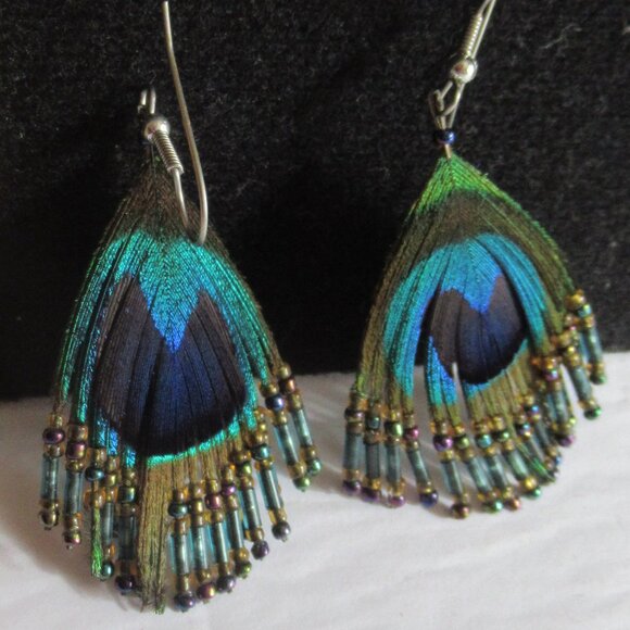 Vintage, Peacock Feather, Beaded, Earrings, Circa 1980's, Handmade - Picture 1 of 4